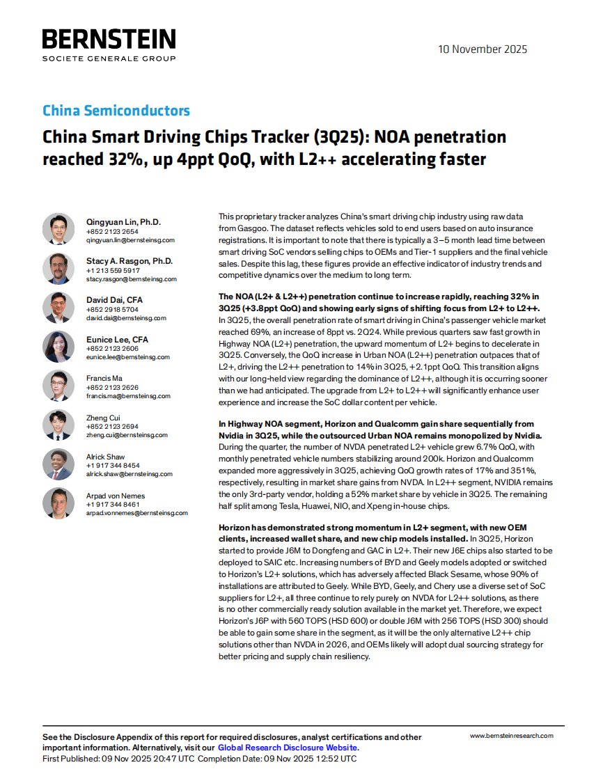 伯恩斯坦-中国智能驾驶芯片追踪报告（2025年三季报）：NOA渗透率达32pct，环比提升4个百分点，L2++加速更快-China Smart Driving Chips Tracker (3Q25)： NOA penetration reached 32pct, up 4ppt QoQ, with L2++ accelerating faster-20251110【37页】
